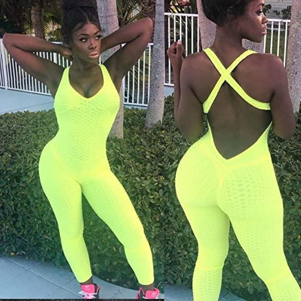 Women Texture Bodysuit Sleeveless Sport One-Piece Backless Slimming Romper